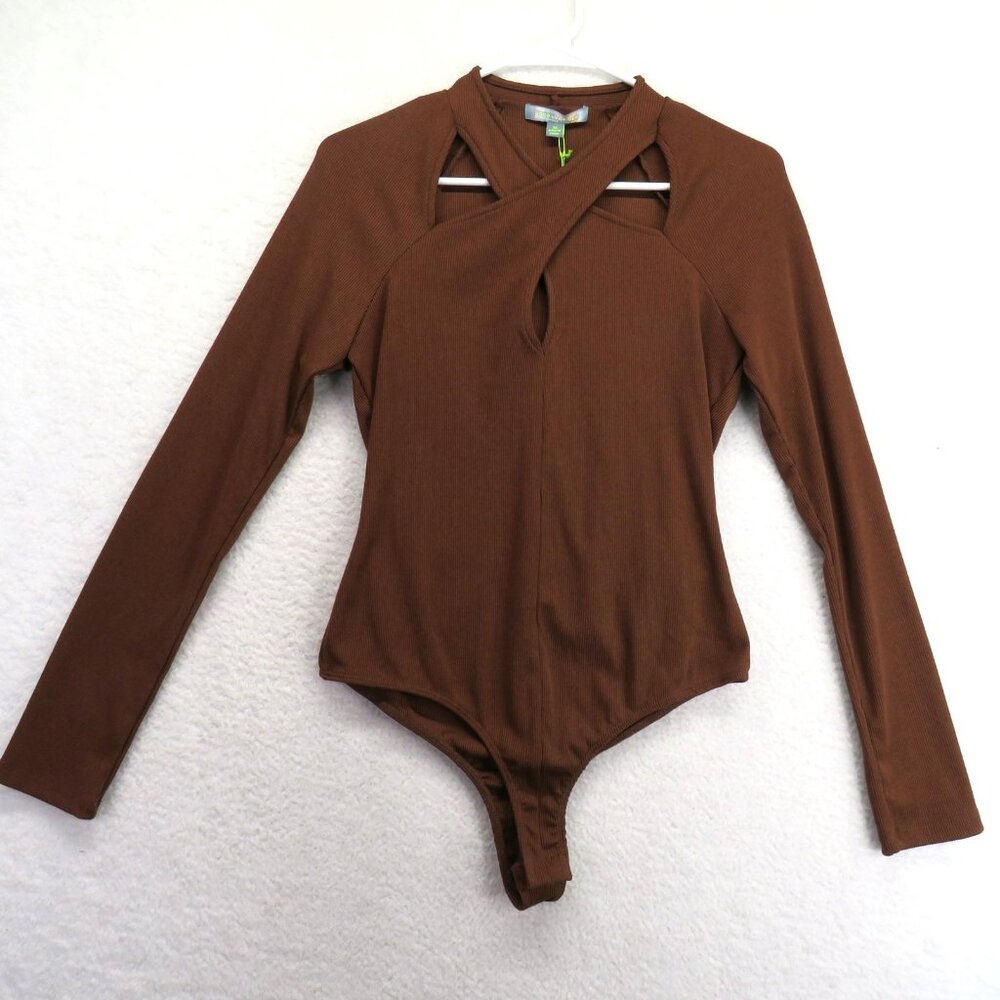 Good‎ Luck Gem Bodysuit Womens Medium Long Sleeve Criss Cross Ribbed Stretch